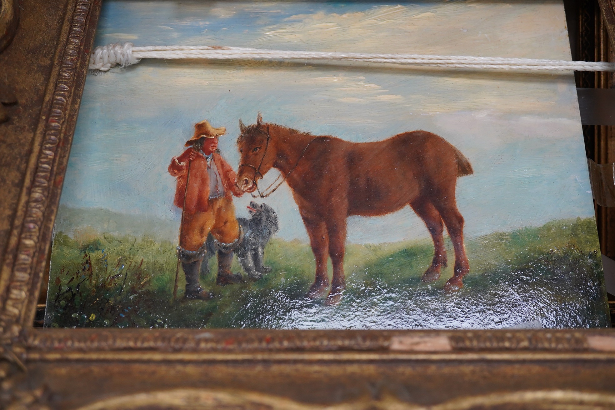 B. Mortimer, oil on canvas board, Study of a horse and foal, together with a similar naive oil on board, shire horse and farmer, one signed, largest 23 x 29cm. Condition - fair